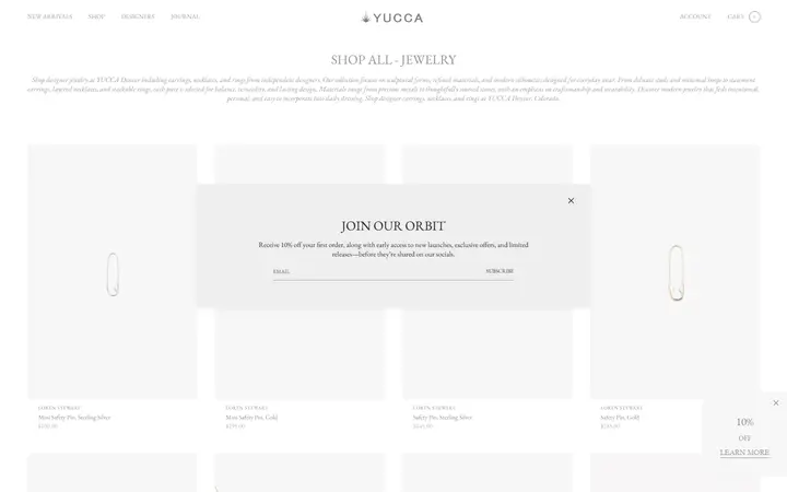Website page titled Designer Jewelry | Earrings, Necklaces & Rings | YUCCA Denver