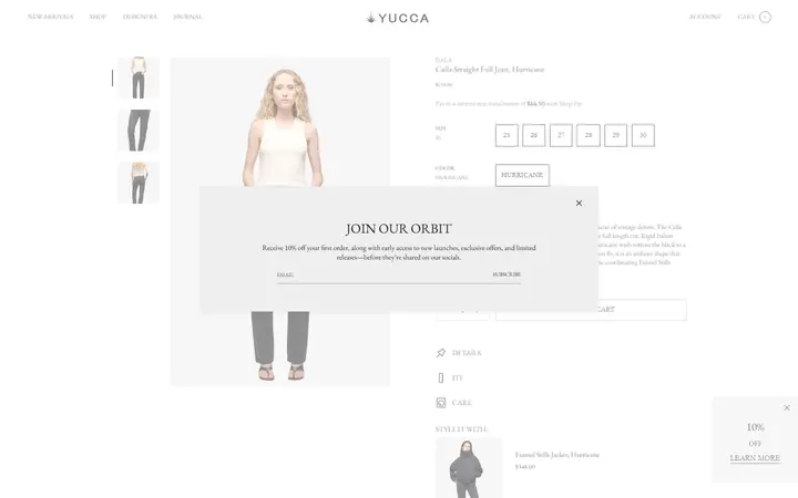 Website page titled Calla Straight Full Jean Hurricane | DALA | SHOP YUCCA