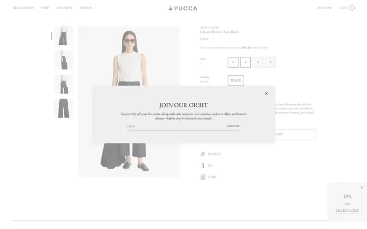 Website page titled Classic Merida Pant, Black | Apiece Apart | SHOP YUCCA
