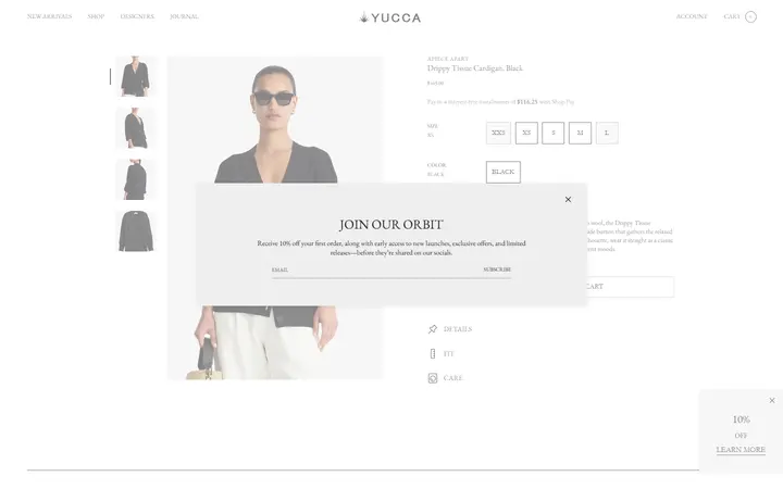 Website page titled Drippy Tissue Cardigan Black | Apiece Apart | SHOP YUCCA