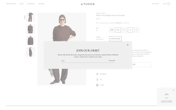 Website page titled Softest Tissue Weight Sweater Chocolate | Apiece Apart | SHOP YUCCA