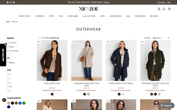 Website page titled Outerwear