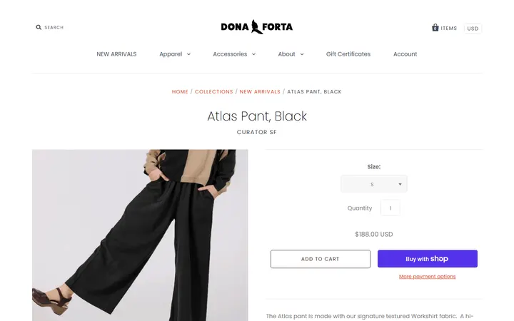 Website page titled Atlas Pant, Black – Dona Forta