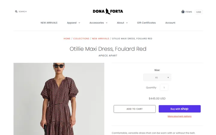 Website page titled Otillie Maxi Dress, Foulard Red – Dona Forta