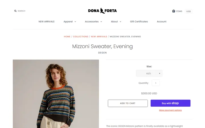 Website page titled Mizzoni Sweater, Evening – Dona Forta