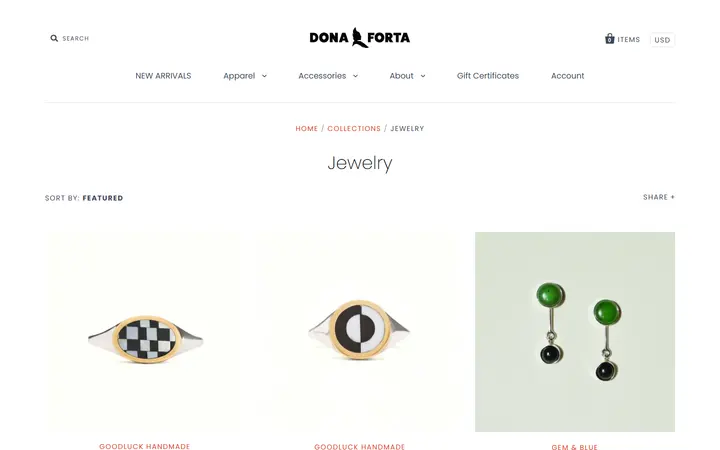 Website page titled Jewelry – Dona Forta