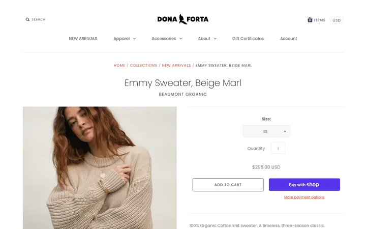 Website page titled Emmy Sweater, Beige Marl – Dona Forta