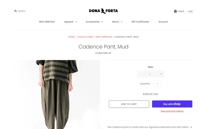Website page titled Cadence Pant, Mud – Dona Forta