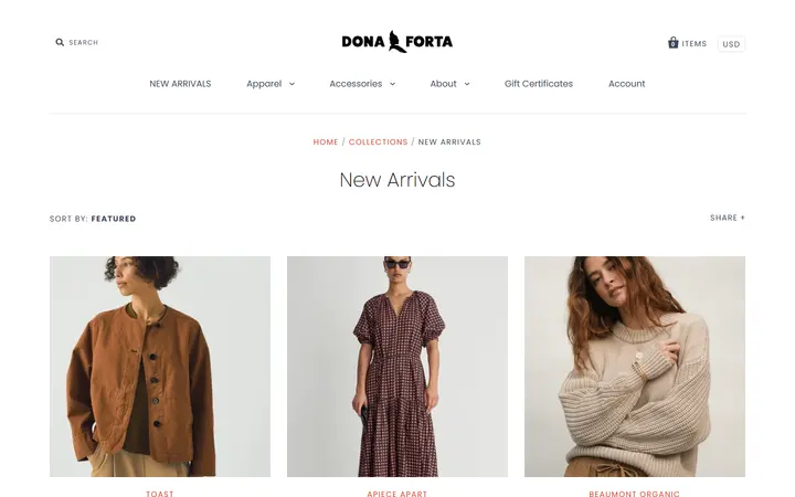 Website page titled New Arrivals – Dona Forta