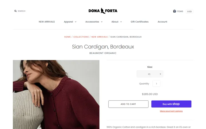 Website page titled Sian Cardigan, Bordeaux – Dona Forta