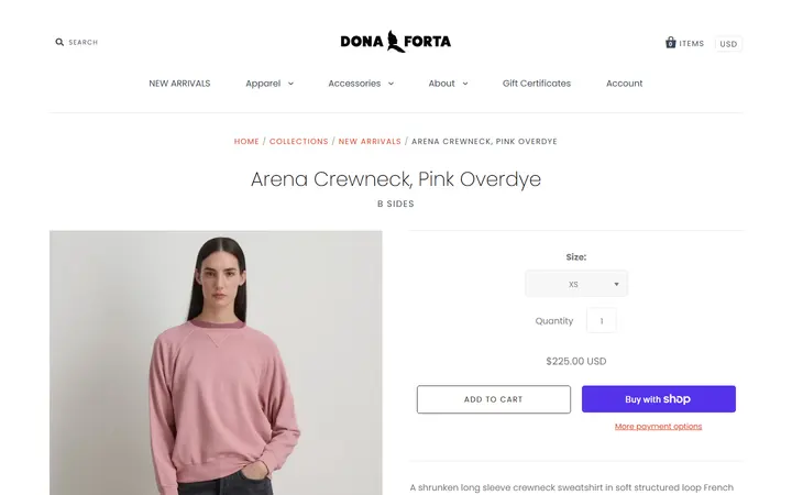 Website page titled Arena Crewneck, Pink Overdye – Dona Forta
