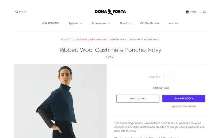 Website page titled Ribbed Wool Cashmere Poncho, Navy – Dona Forta
