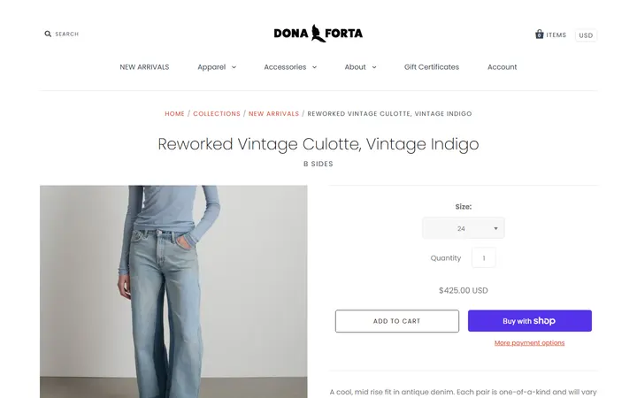 Website page titled Reworked Vintage Culotte, Vintage Indigo – Dona Forta