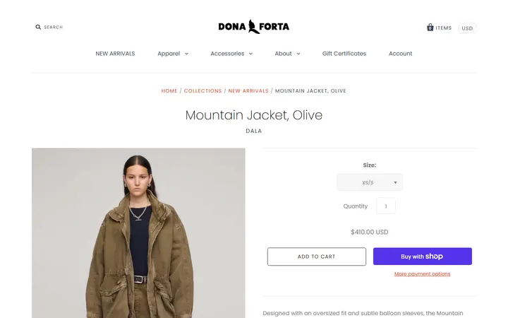 Website page titled Mountain Jacket, Olive – Dona Forta