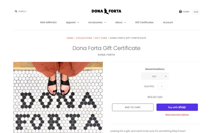 Website page titled Dona Forta Gift Certificate