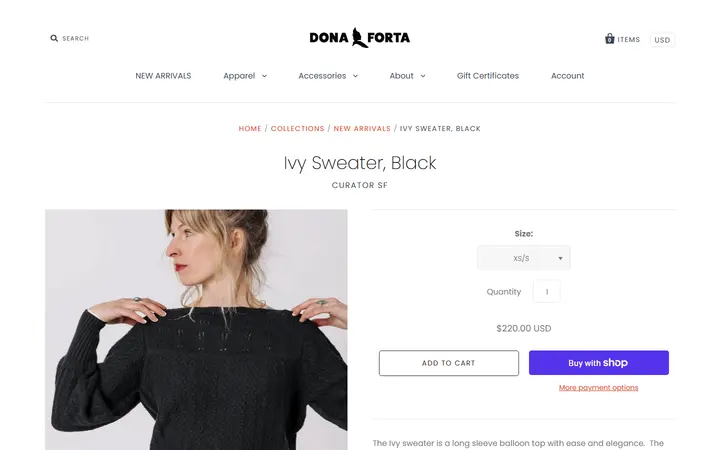 Website page titled Ivy Sweater, Black – Dona Forta