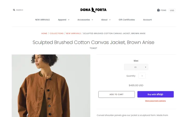 Website page titled Sculpted Brushed Cotton Canvas Jacket, Brown Anise – Dona Forta