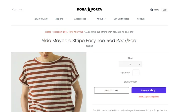 Website page titled Alda Maypole Stripe Easy Tee, Red Rock/Ecru – Dona Forta