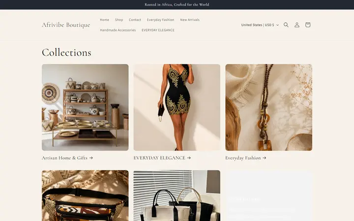 Website page titled Collections – Afrivibe Boutique