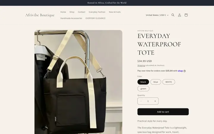 Website page titled EVERYDAY WATERPROOF TOTE – Afrivibe Boutique