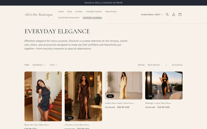 Website page titled EVERYDAY ELEGANCE – Afrivibe Boutique