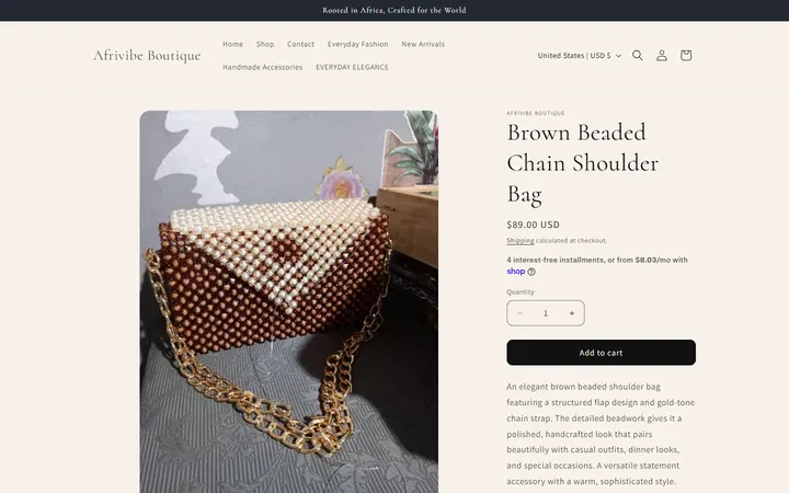 Website page titled Brown Beaded Chain Shoulder Bag – Afrivibe Boutique