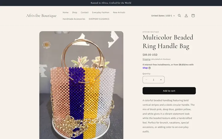 Website page titled Multicolor Beaded Ring Handle Bag – Afrivibe Boutique