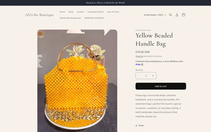 Website page titled Yellow Beaded Handle Bag – Afrivibe Boutique