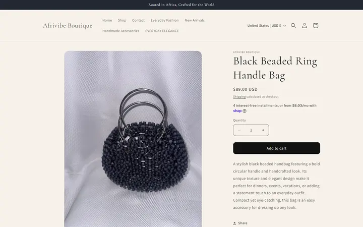 Website page titled Black Beaded Ring Handle Bag – Afrivibe Boutique