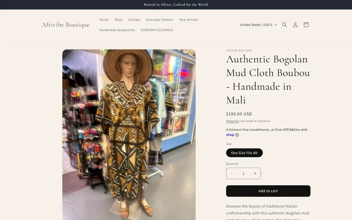 Website page titled Authentic Bogolan Mud Cloth Boubou - Handmade in Mali – Afrivibe Boutique