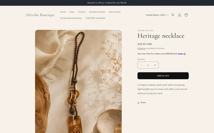 Website page titled Heritage necklace – Afrivibe Boutique