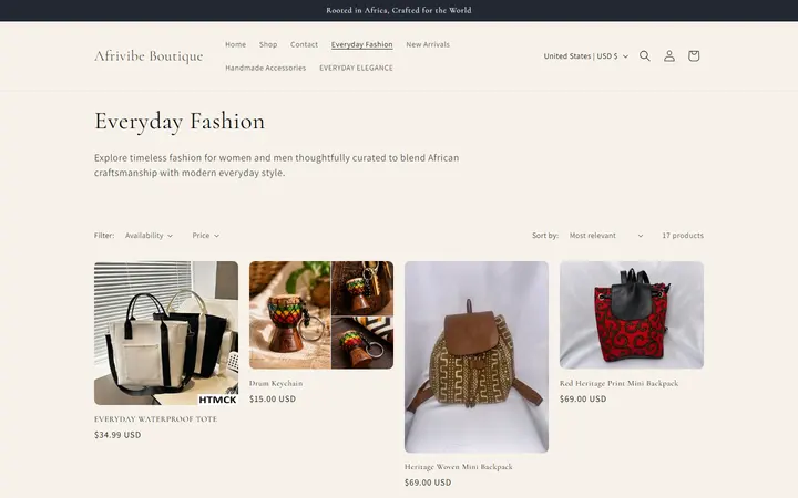 Website page titled Everyday Fashion – Afrivibe Boutique