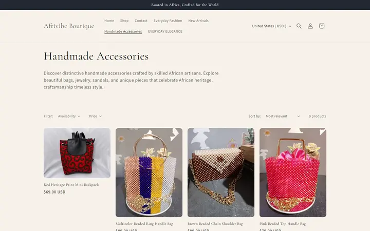 Website page titled Handmade Accessories – Afrivibe Boutique