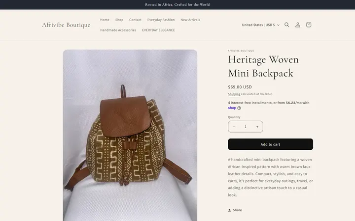 Website page titled Heritage Woven Mini Backpack – Afrivibe Boutique