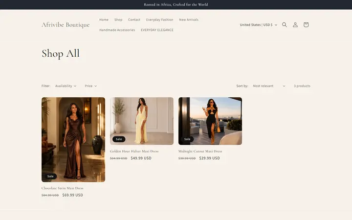 Website page titled Shop All – Afrivibe Boutique