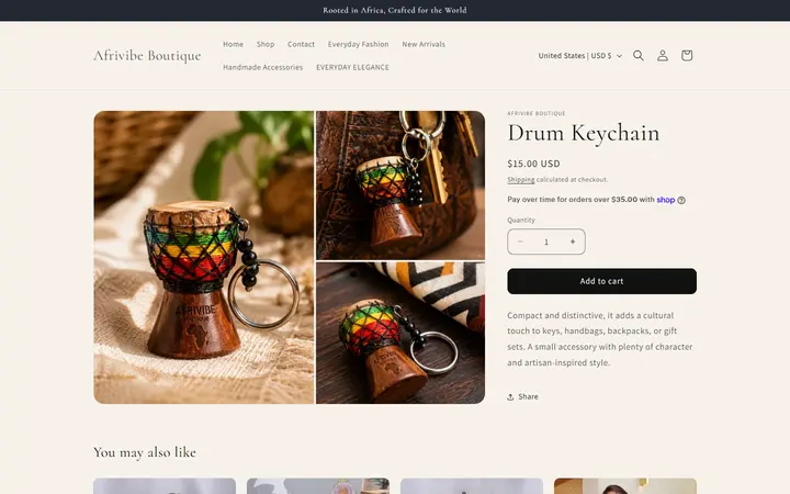 Website page titled Drum Keychain – Afrivibe Boutique