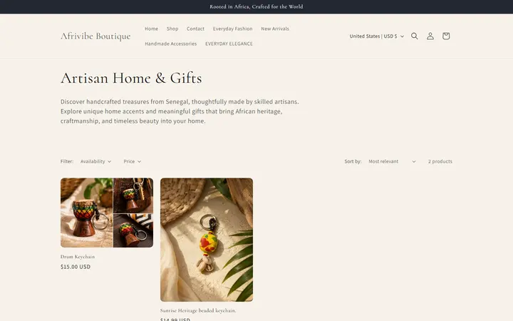 Website page titled Artisan Home & Gifts – Afrivibe Boutique