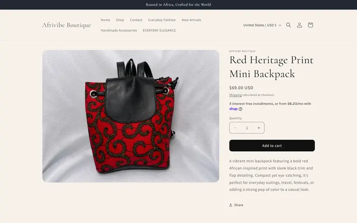 Website page titled Red Heritage Print Mini Backpack – Afrivibe Boutique