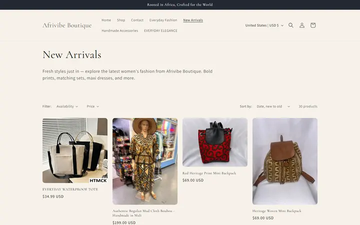 Website page titled New Arrivals Women's Fashion - Afrivibe Boutique