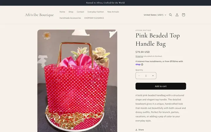 Website page titled Pink Beaded Top Handle Bag – Afrivibe Boutique