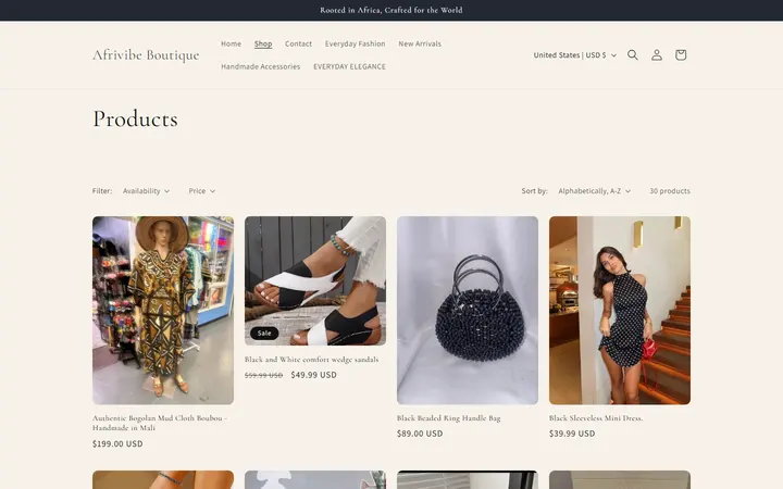 Website page titled Products – Afrivibe Boutique
