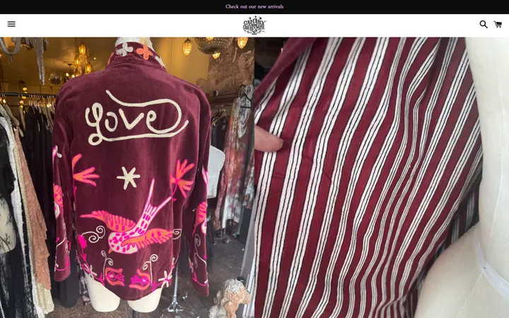 Website page titled Swallows Love Jacket – Canary In A Clothesmine
