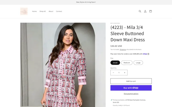 Website page titled (4223) - Mila 3/4 Sleeve Buttoned Down Maxi Dress – myflydesigns