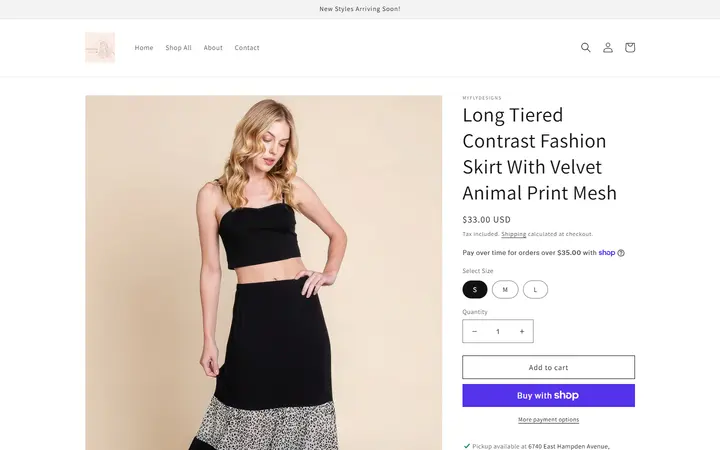 Website page titled Long Tiered Contrast Fashion Skirt With Velvet Animal Print Mesh – myflydesigns