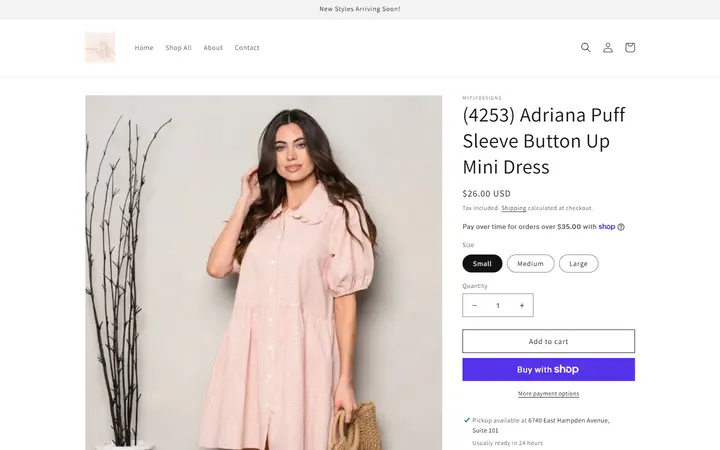 Website page titled (4253) Adriana Puff Sleeve Button Up Mini Dress – myflydesigns