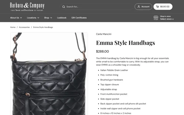 Website page titled Emma Style Handbags – Barbara & Company