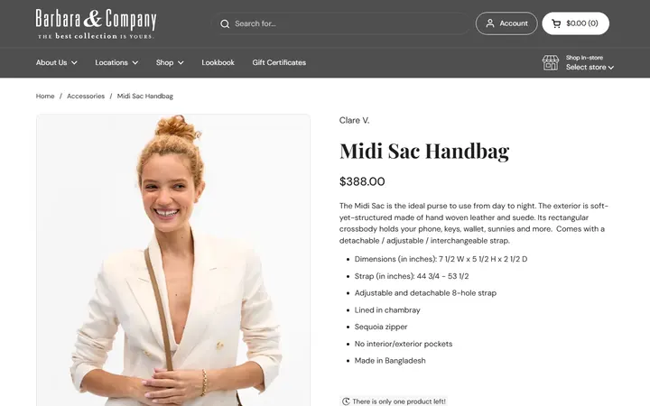 Website page titled Midi Sac Handbag – Barbara & Company