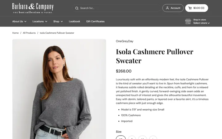 Website page titled Isola Cashmere Pullover Sweater – Barbara & Company