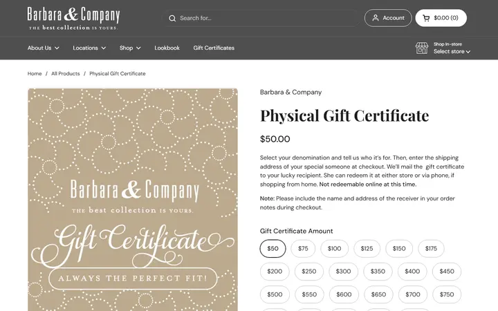 Website page titled Physical Gift Certificate – Barbara & Company