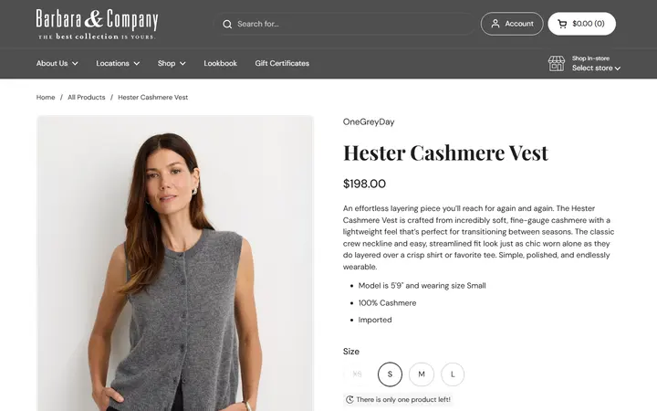 Website page titled Hester Cashmere Vest – Barbara & Company